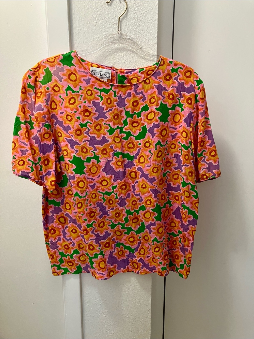 Vintage SilkLand Vibrant Floral Silk Top - Pink, Orange & Green